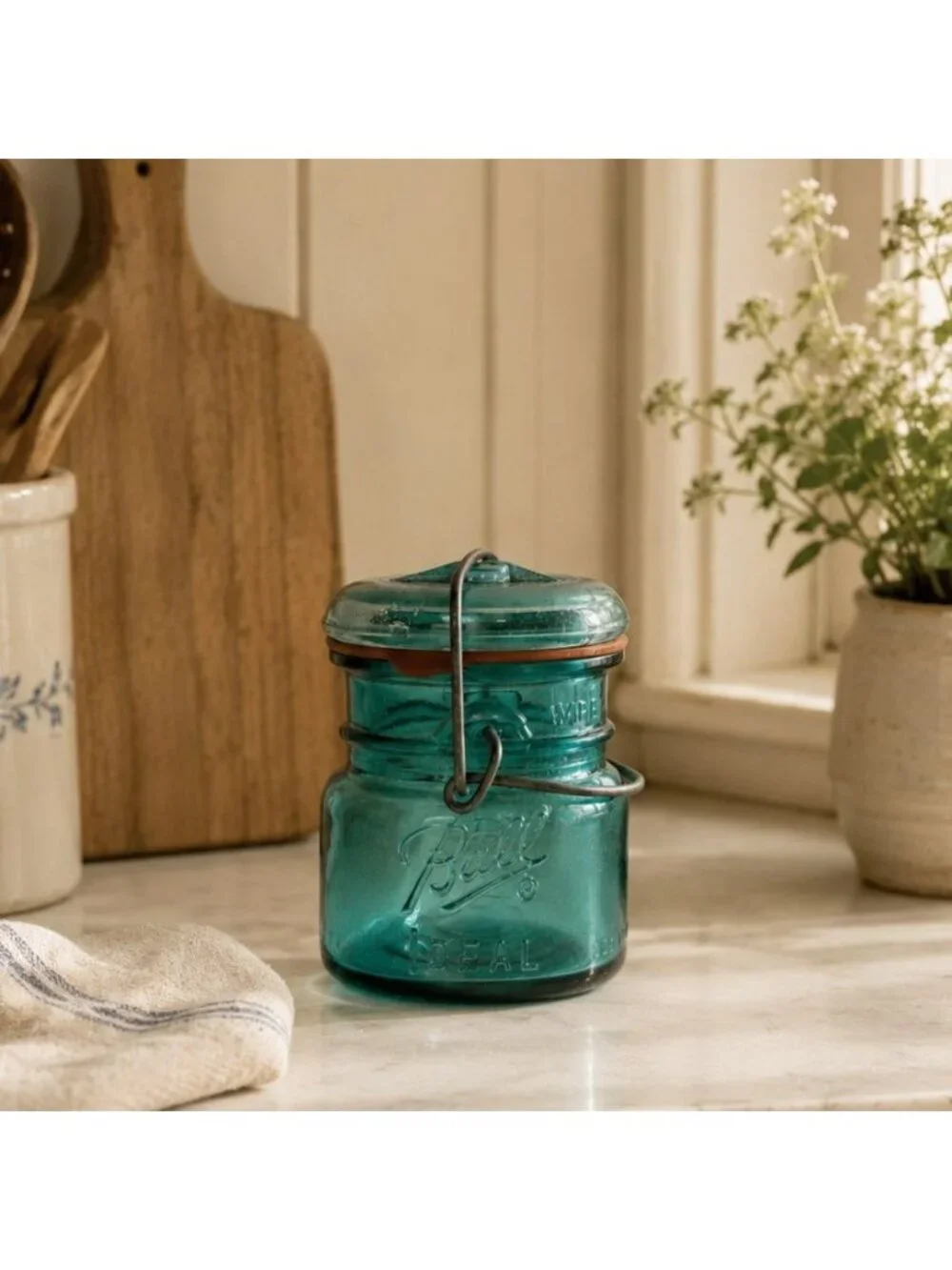 Vintage Mini Ball Ideal Jar Aqua Glass Wire Bail Lid Farmhouse Rustic Pantry USA